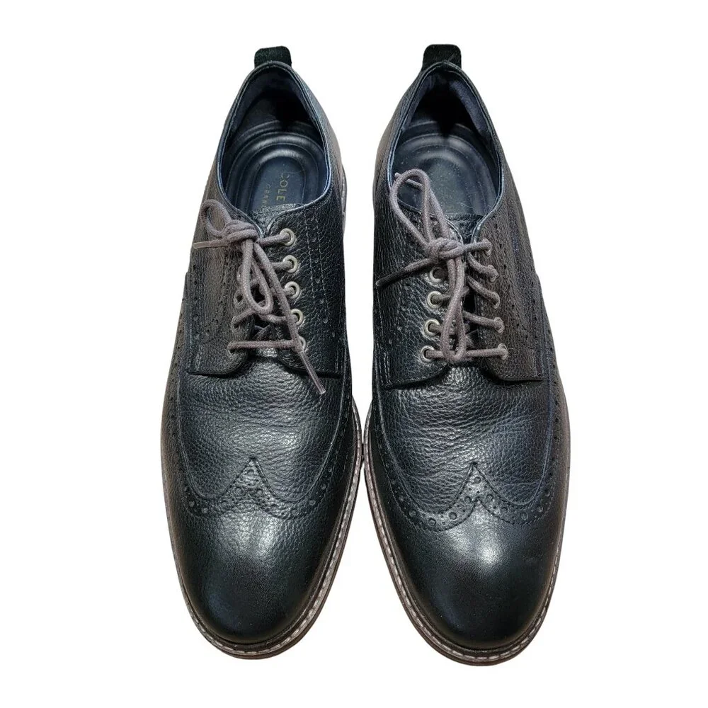 Cole Haan Grand OS Size 8 1/2 Black Leather Wingtip Oxford Shoes, Lace Tie